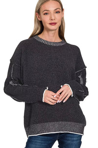 Oversized Round Neck Raw Exposed Seam Chenille Sweater in Black