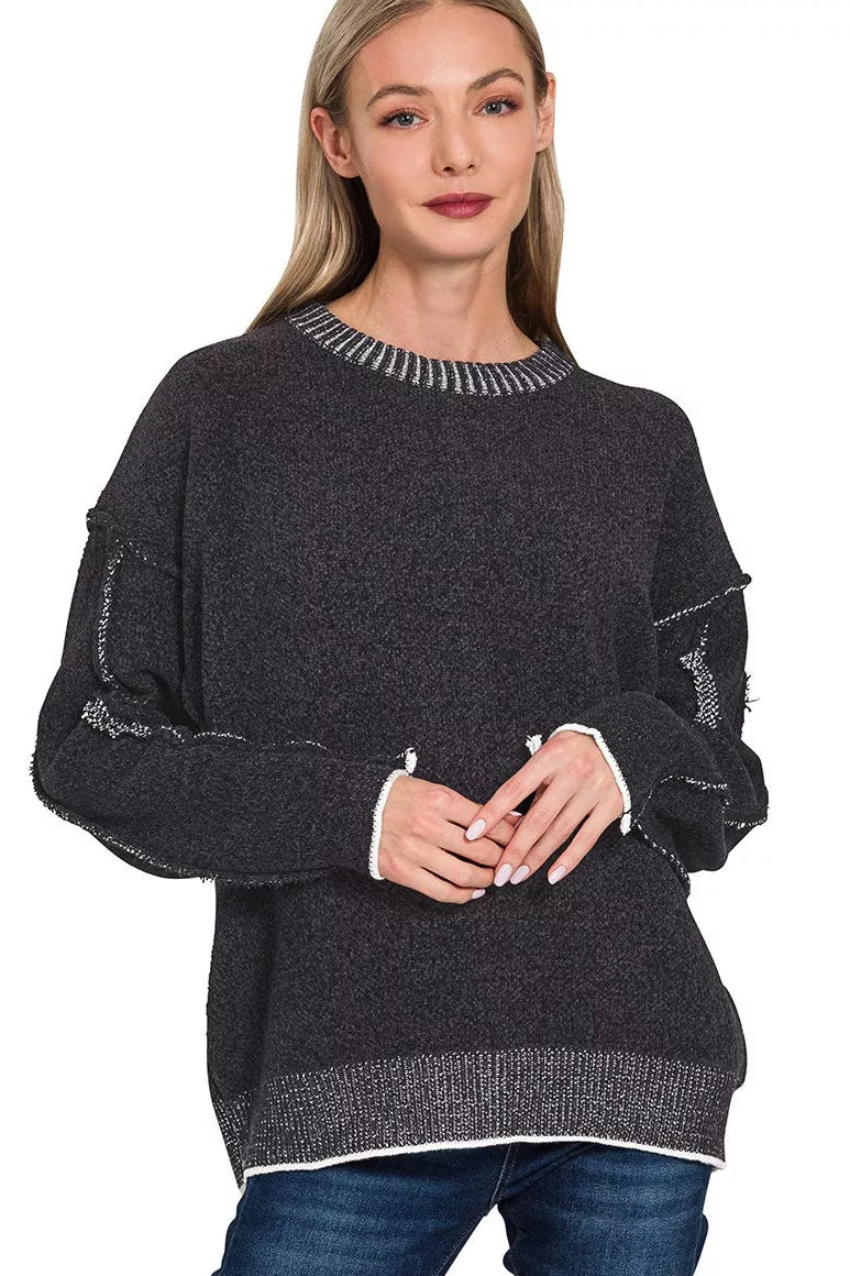 Oversized Round Neck Raw Exposed Seam Chenille Sweater in Black