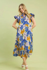 Umgee Blue Floral Tiered Midi Dress