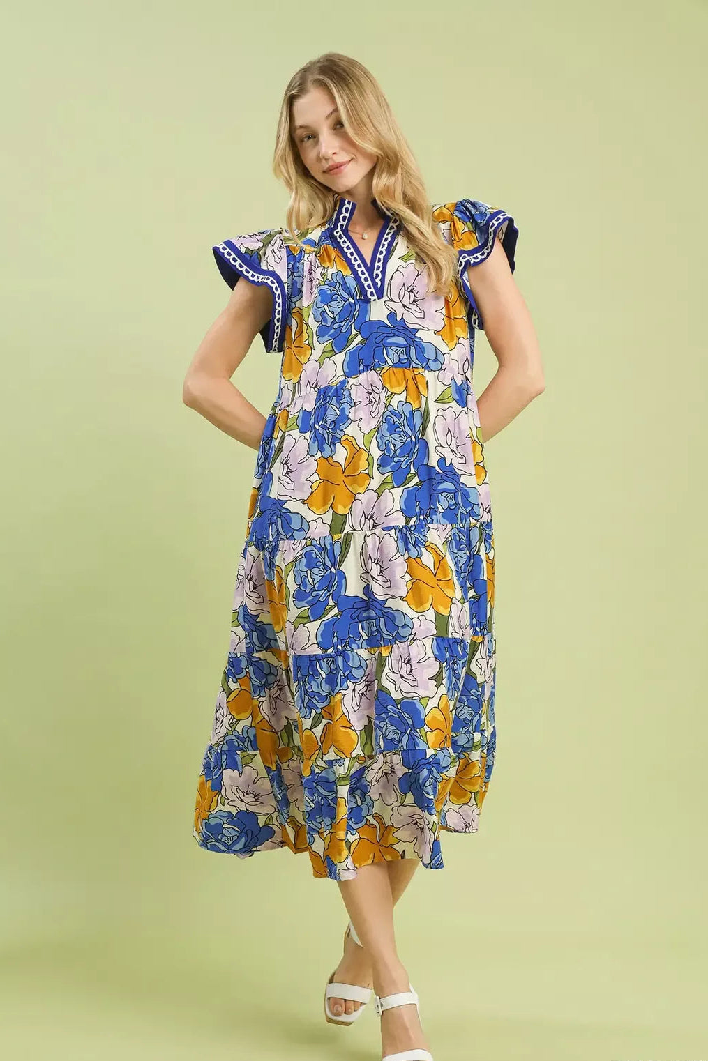 Umgee Blue Floral Tiered Midi Dress