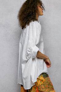 Off White Cotton Button Down Half Dolman Sleeve Shirt
