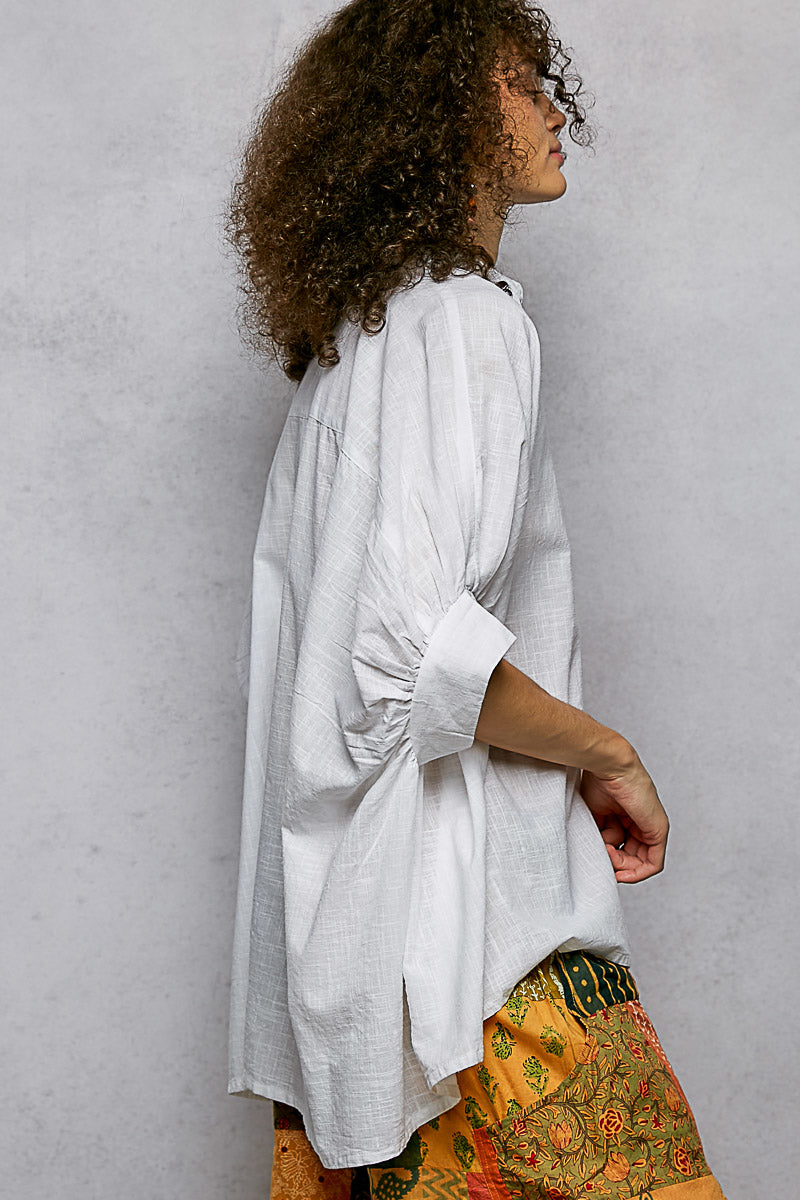 Off White Cotton Button Down Half Dolman Sleeve Shirt