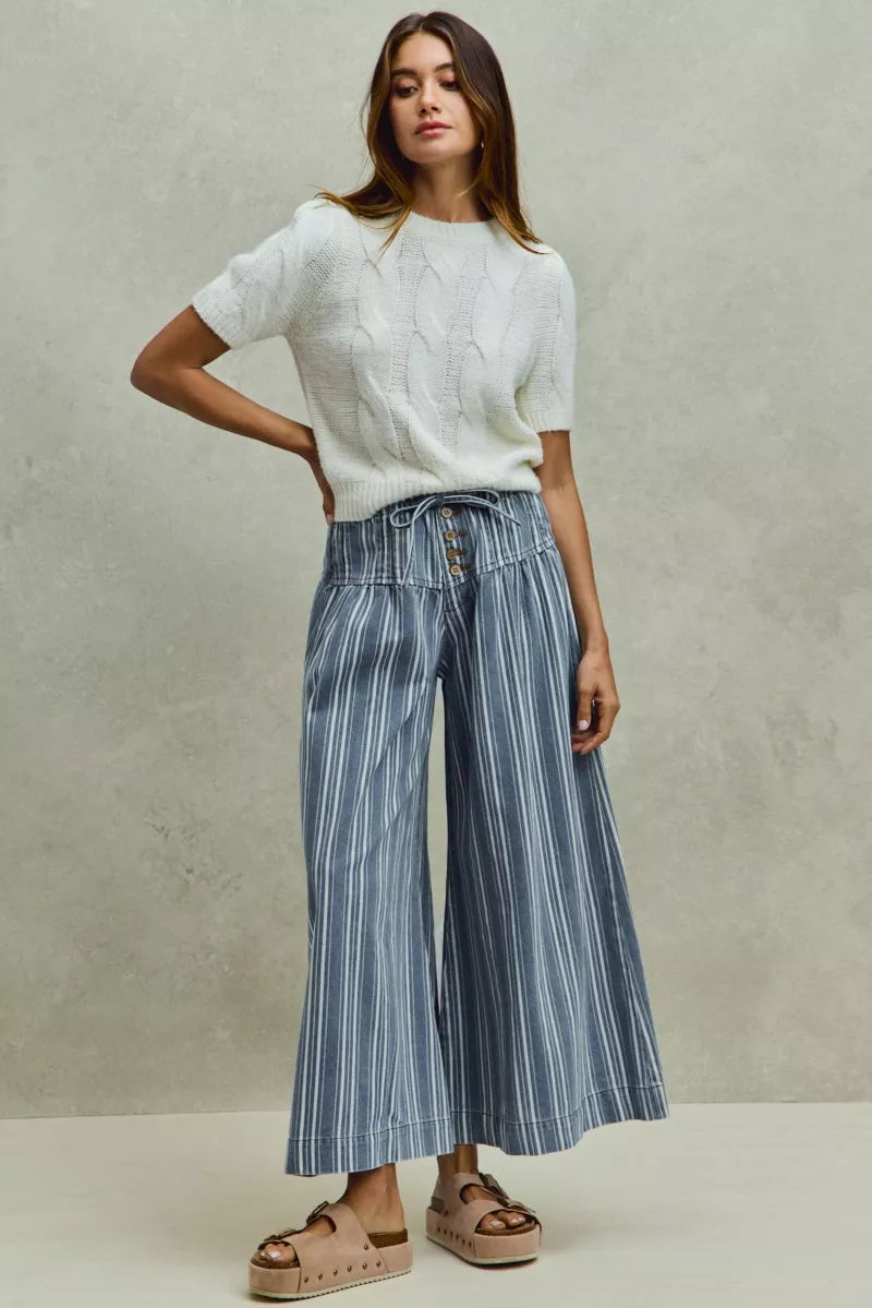 So Me Stripe Denim Washed Pleat Wide Leg Pants