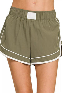 Zenana Woven Lined Dolphin Shorts in Dusty Olive