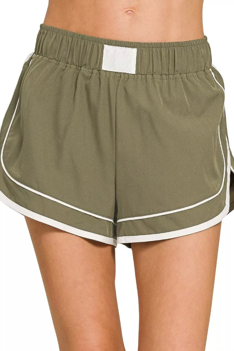 Zenana Woven Lined Dolphin Shorts in Dusty Olive
