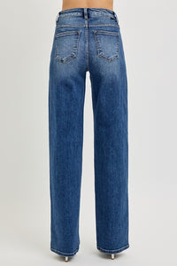 RISEN High Rise Tummy Control Wide Baggy Jeans. Medium wash denim with a straight baggy cut and high rise with no distressing. 