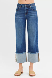 Risen Mid Rise Wide Leg Cuffed Jeans
