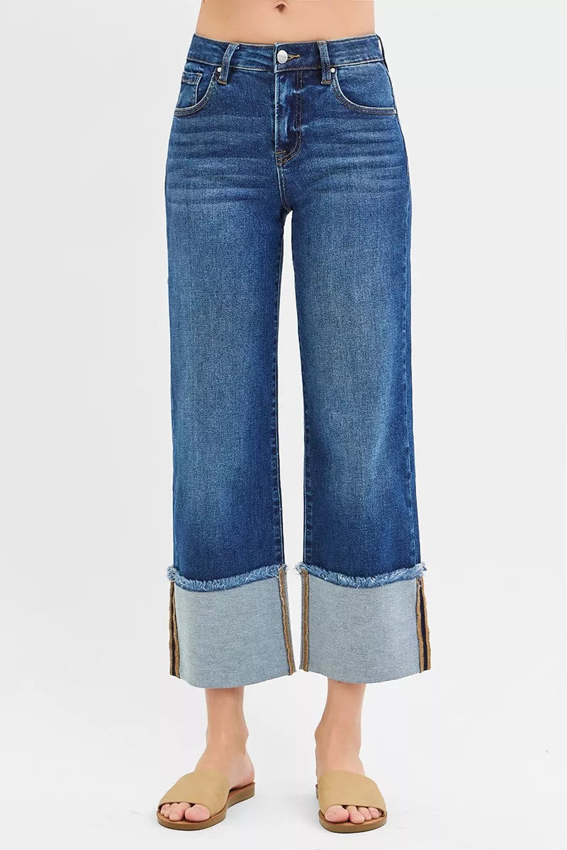 Risen Mid Rise Wide Leg Cuffed Jeans
