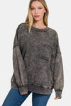 French Terry Exposed Seam Round Neck Dropped Shoulder Sweatshirt - Ash Black