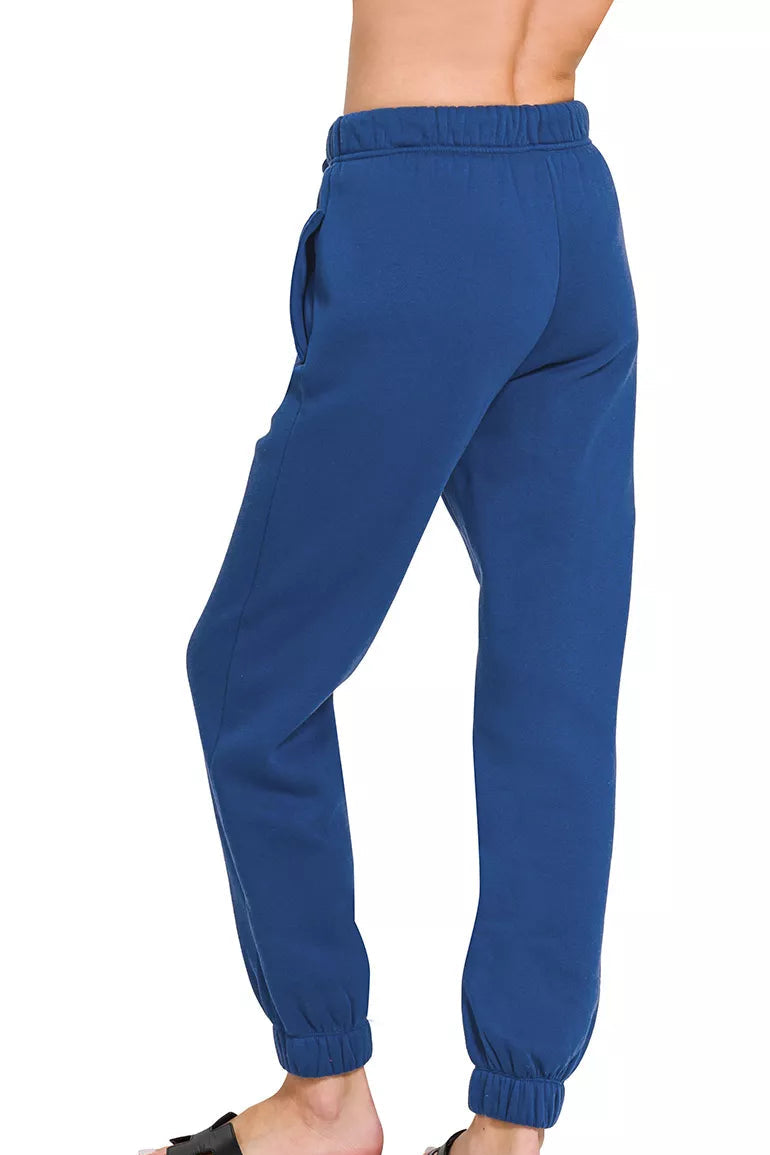 Zenana Fleece Joggers with Pockets in Light Navy