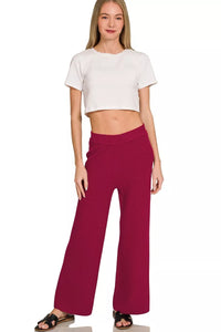 Sweater Knit Short Sleeve Top & Pants Set in Cabernet