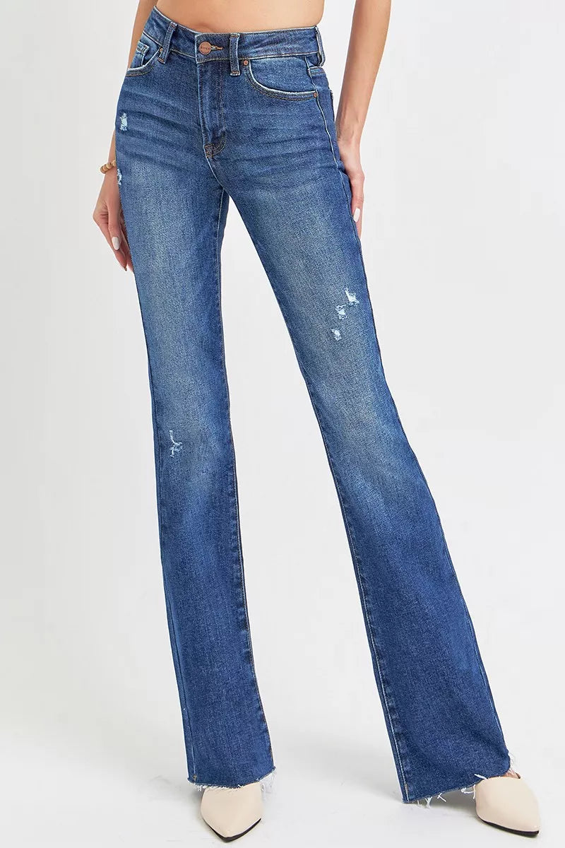 Risen Mid Rise Subtle Distressed Dark Wash Flare Jeans
