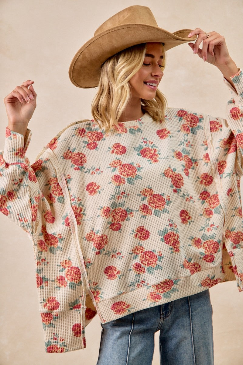 Floral Print Oversized Washed Waffle Knit Thermal Pullover
