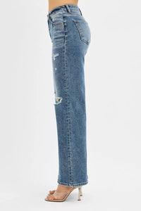 Risen Mid Rise Distressed Wide Leg Jeans