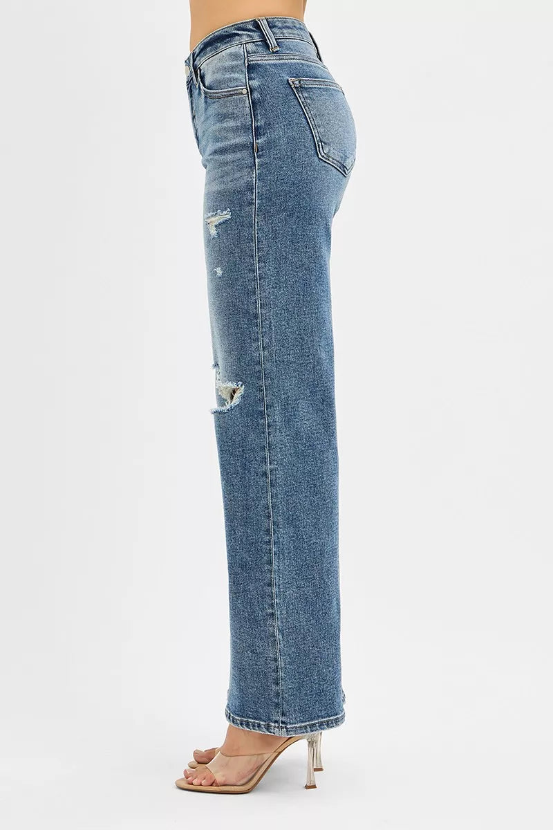 Risen Mid Rise Distressed Wide Leg Jeans