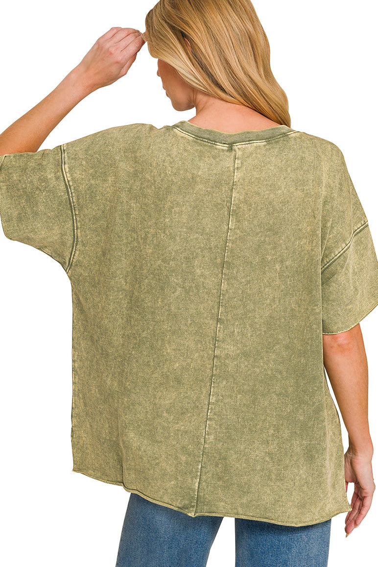 Zenana French Terry Mineral Washed Boyfriend Tee - Light Olive