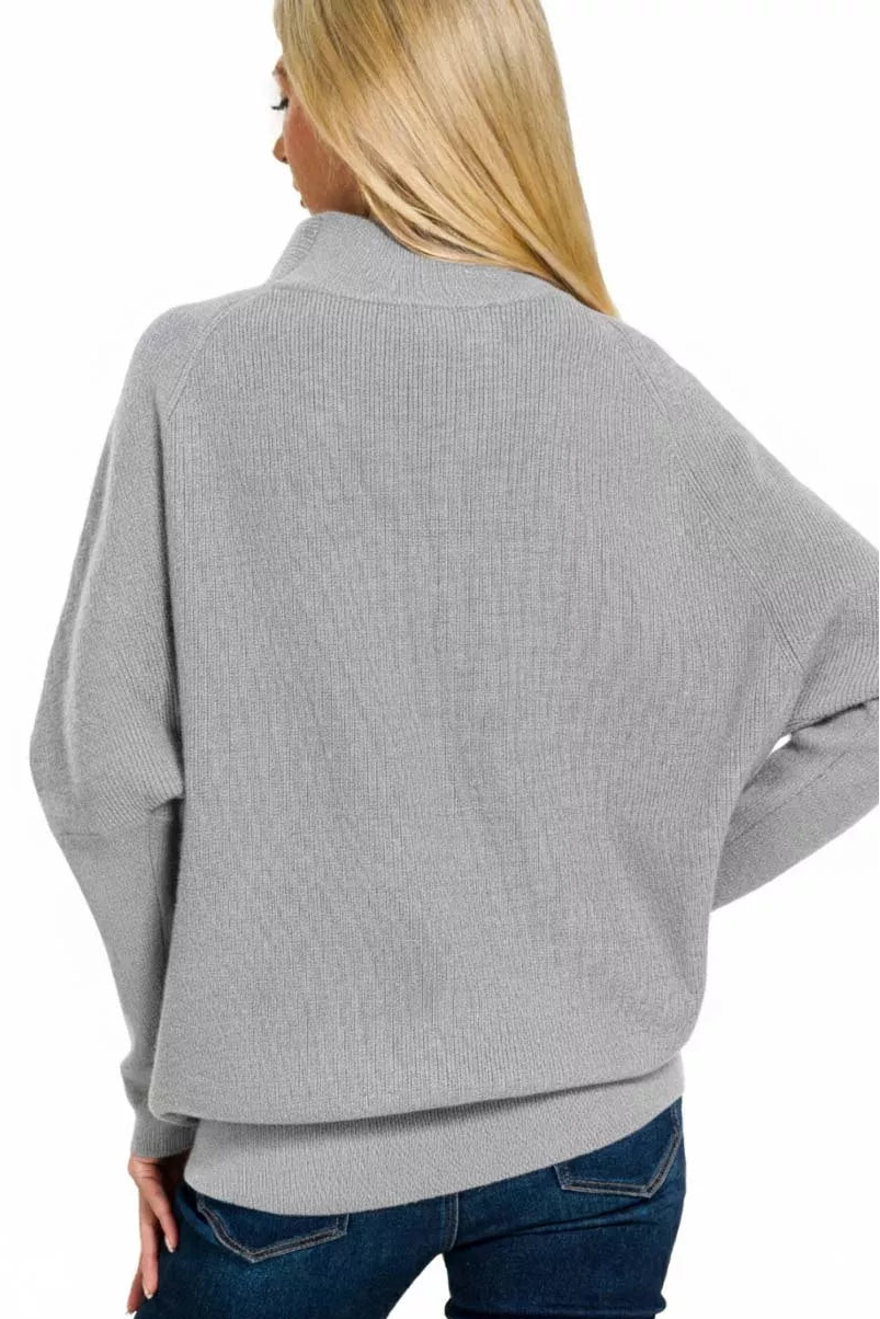 Draped Mock Neck Dolman Sleeve Sweater in Heather Grey