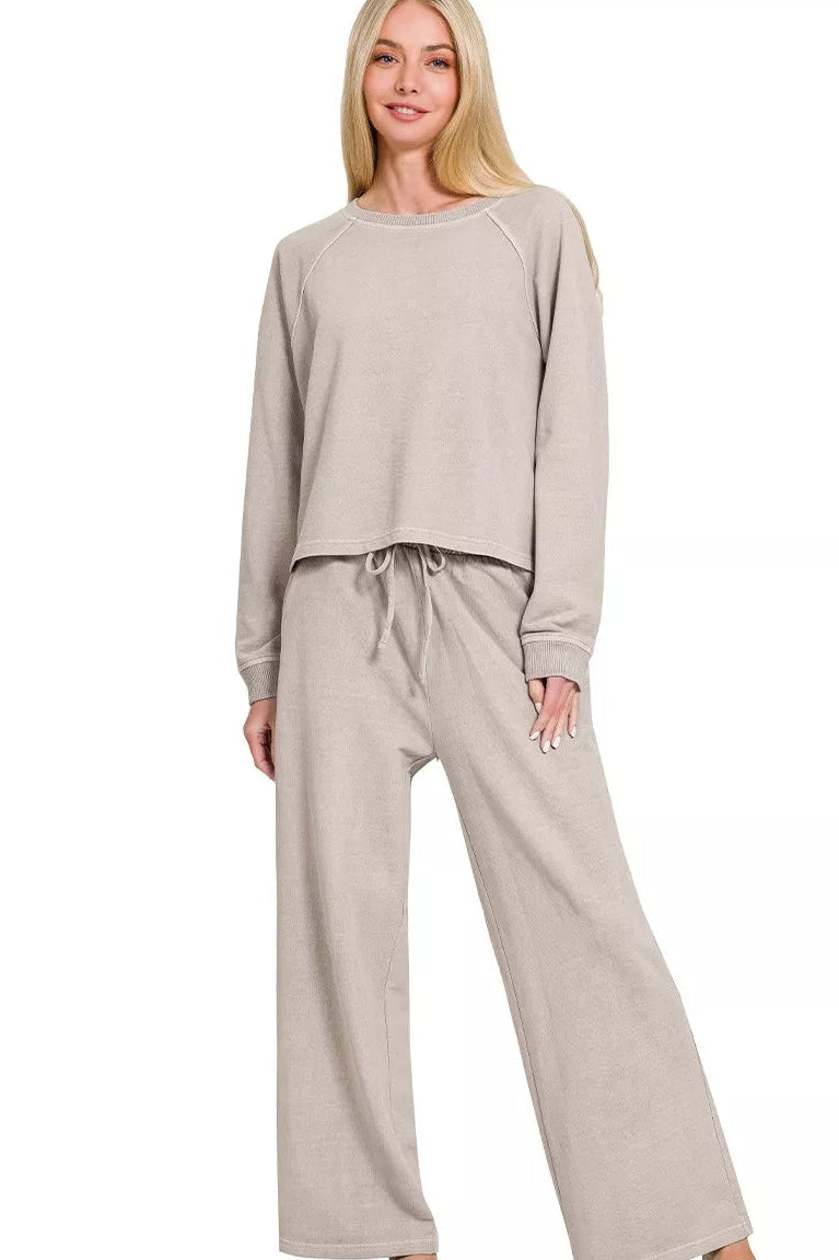 Zenana Washed French Terry Pullover & Pants Set