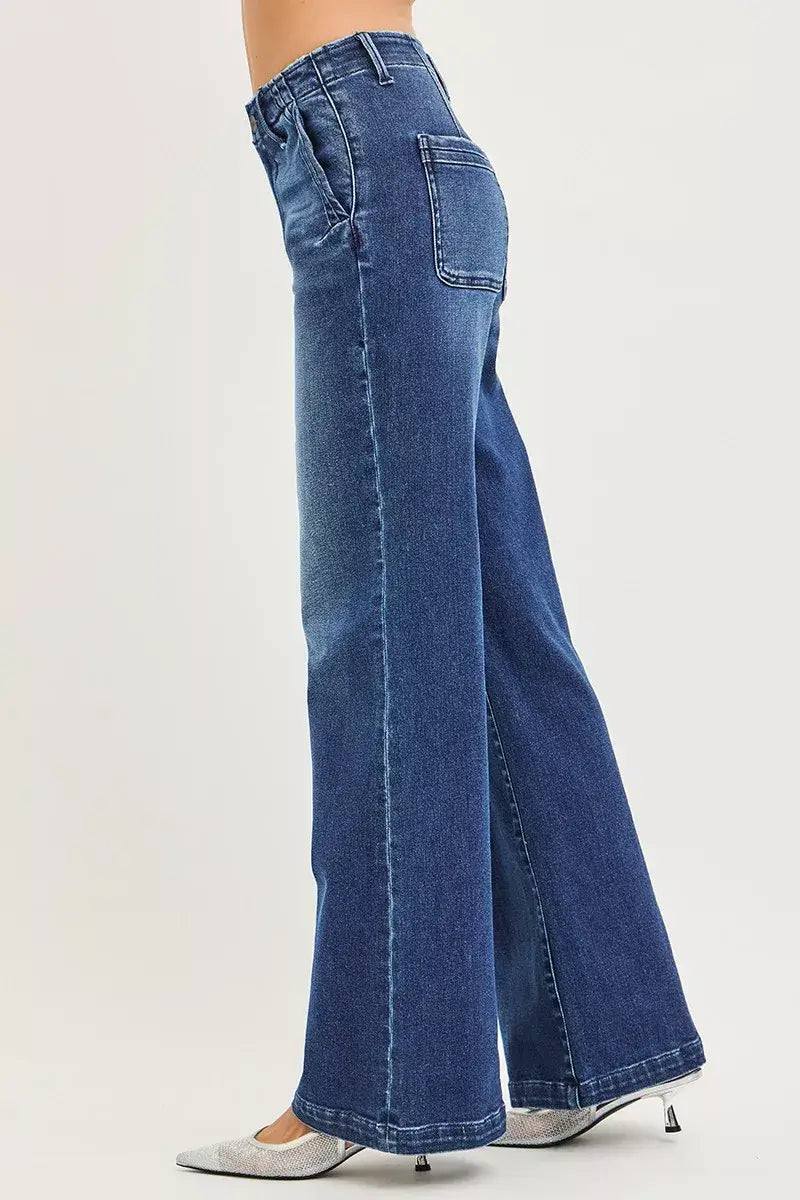 Risen High Rise Wide Leg Slanted Pocket Jeans