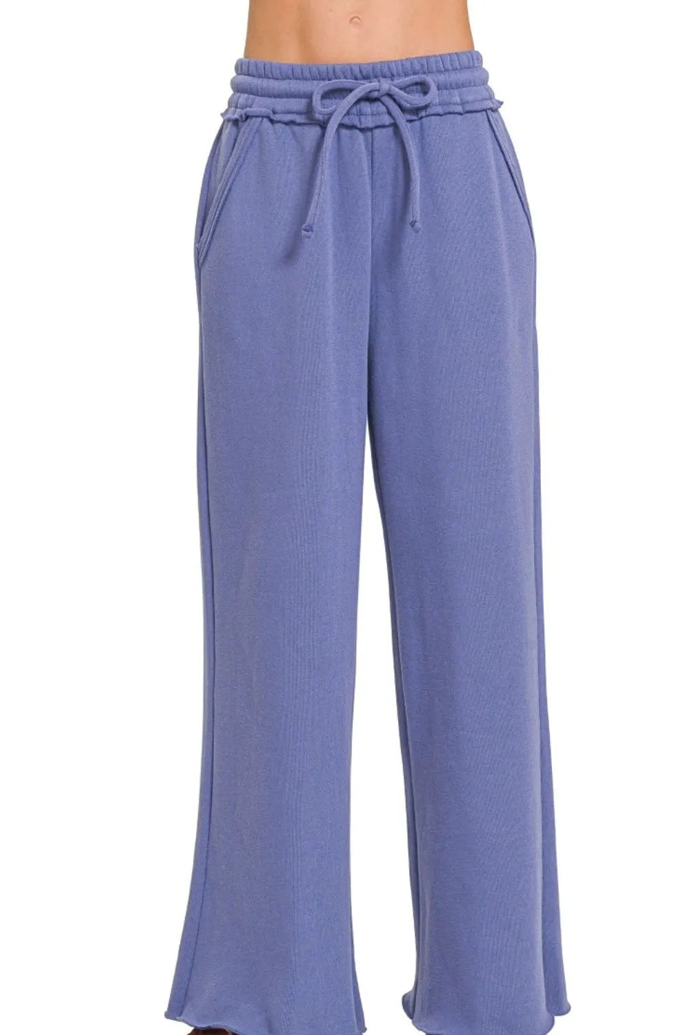 Zenana Fleece Exposed Seam Wide Leg Sweatpants in Marlin Blue