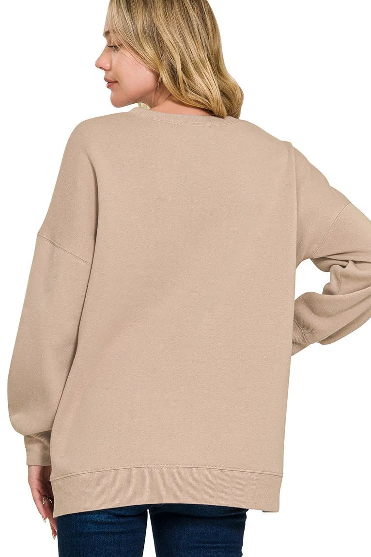 Zenana Fleece Hi-Low Boyfriend Sweatshirt with Pockets - Ash Mocha