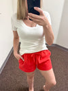 Wishlist Ribbed Scoop Neck Knit Short Sleeve Top in Off White & Cotton Twill Shorts in Cherry Red