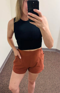 Mono B Around Town Women's Athleisure Shorts - Brown Patina & Wishlist Seamless Ribbed Padded Crop Top w/ Bra