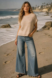 Zenana Boxy Raised Rib Striped Top in Ash Mocha
