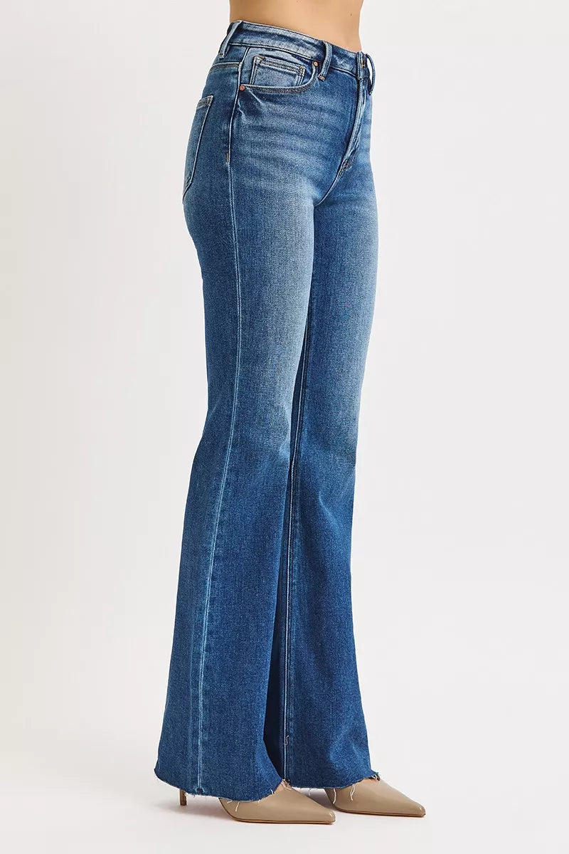 Risen High Rise Raw Cut Hem Flare Jeans