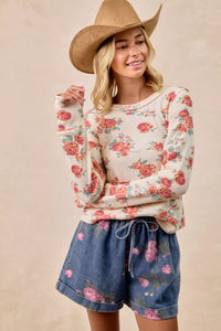 Bibi Floral Print Washed Waffle Knit Thermal Top