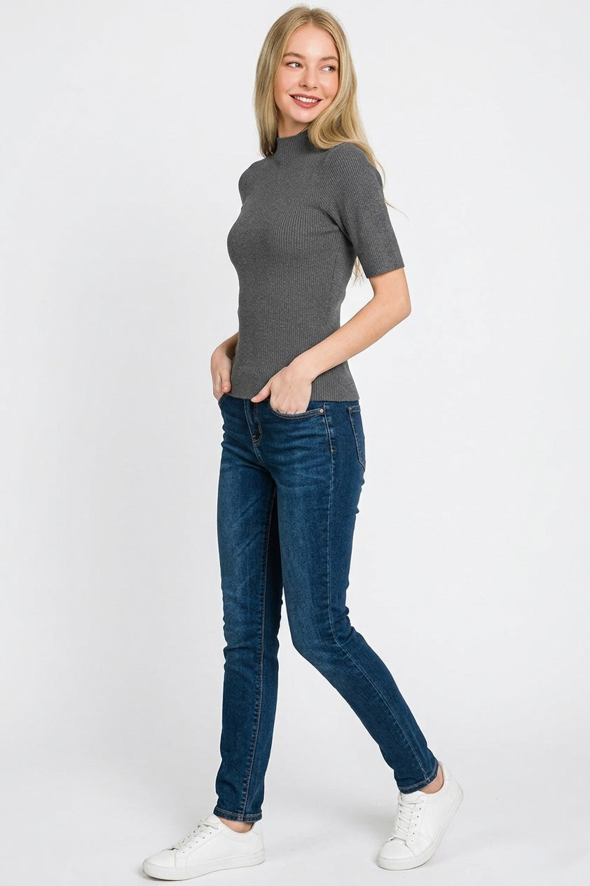 Zenana Viscose Ribbed Mock Neck Sweater Knit Top in Charcoal