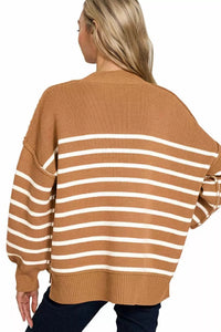Zenana Exposed Seam Striped Oversized Sweater in Deep Camel