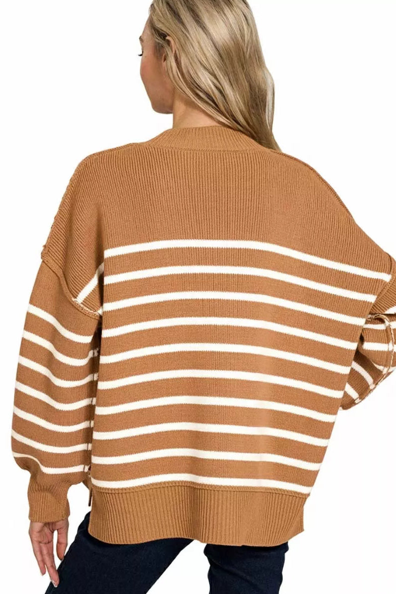 Zenana Exposed Seam Striped Oversized Sweater in Deep Camel