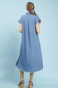 Umgee Stone Washed Collared Denim Midi Dress - Light Denim