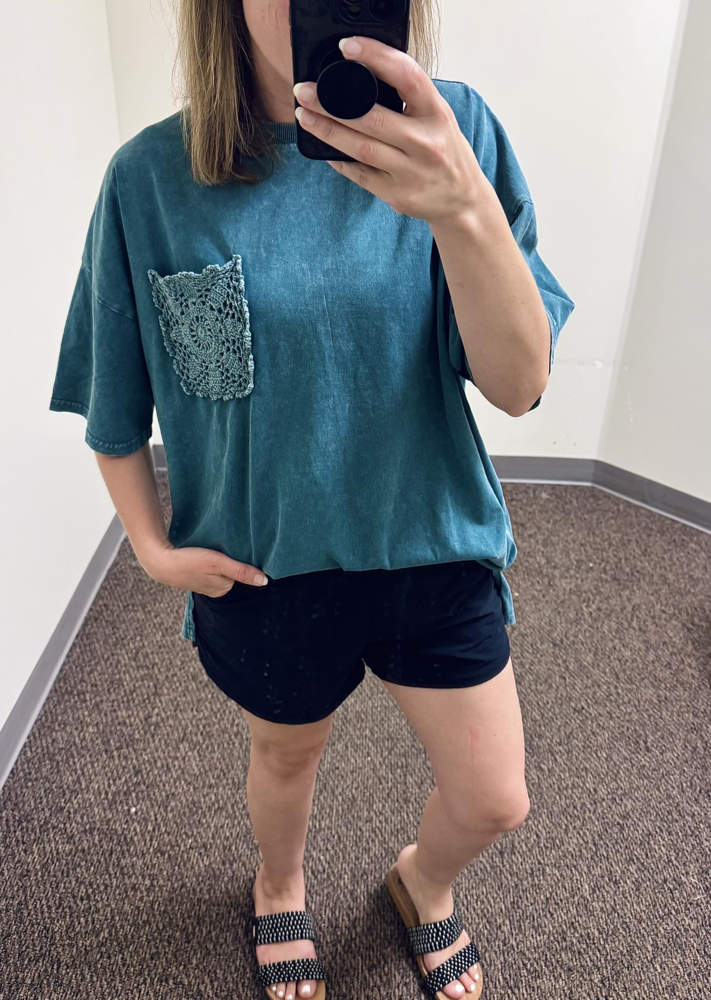 Easel Crochet Pocket Mineral Washed Top - Teal & Mono B Around Town Women's Athleisure Shorts - Black