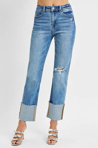 Risen High Rise Straight Jeans with Wide Cuff