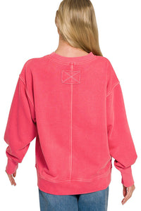 Zenana Pigment Dye Exposed-Seam Fleece Sweatshirt in Ruby Red
