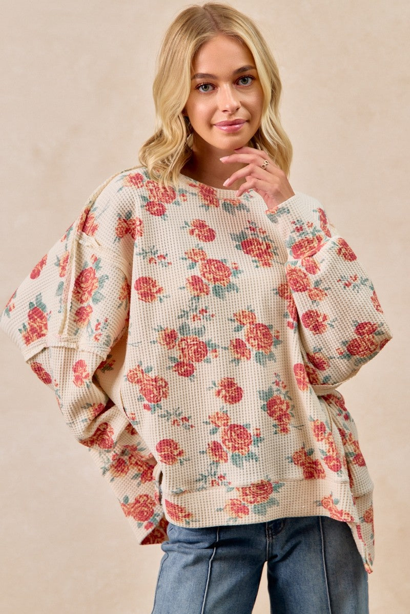 Floral Print Oversized Washed Waffle Knit Thermal Pullover