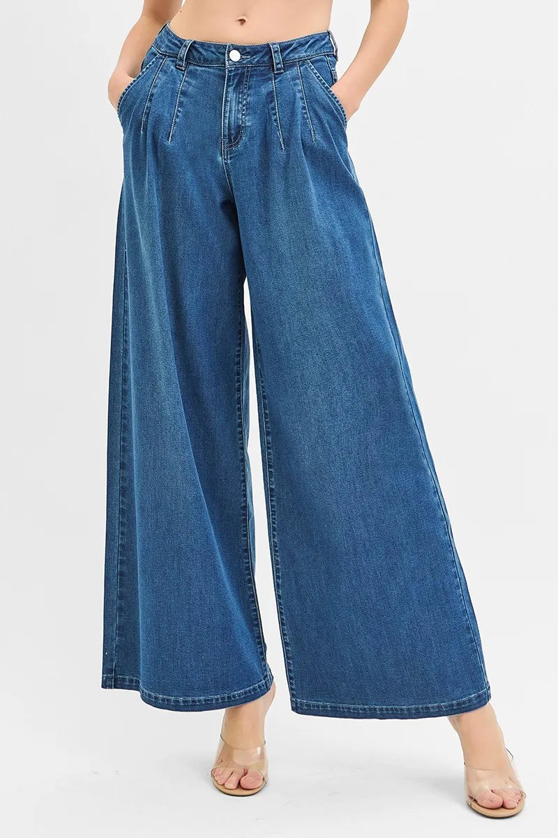 Risen High Rise Wide Leg Knit Denim Pants