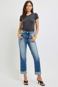 RISEN High Rise Crop Straight Cuffed Jeans