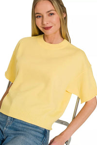 Lightweight Short Sleeve Sweater Knit Top in Butter Yellow