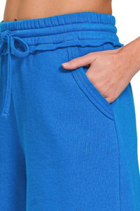 Zenana Fleece Raw Hem Shorts with Drawstring in Ocean Blue