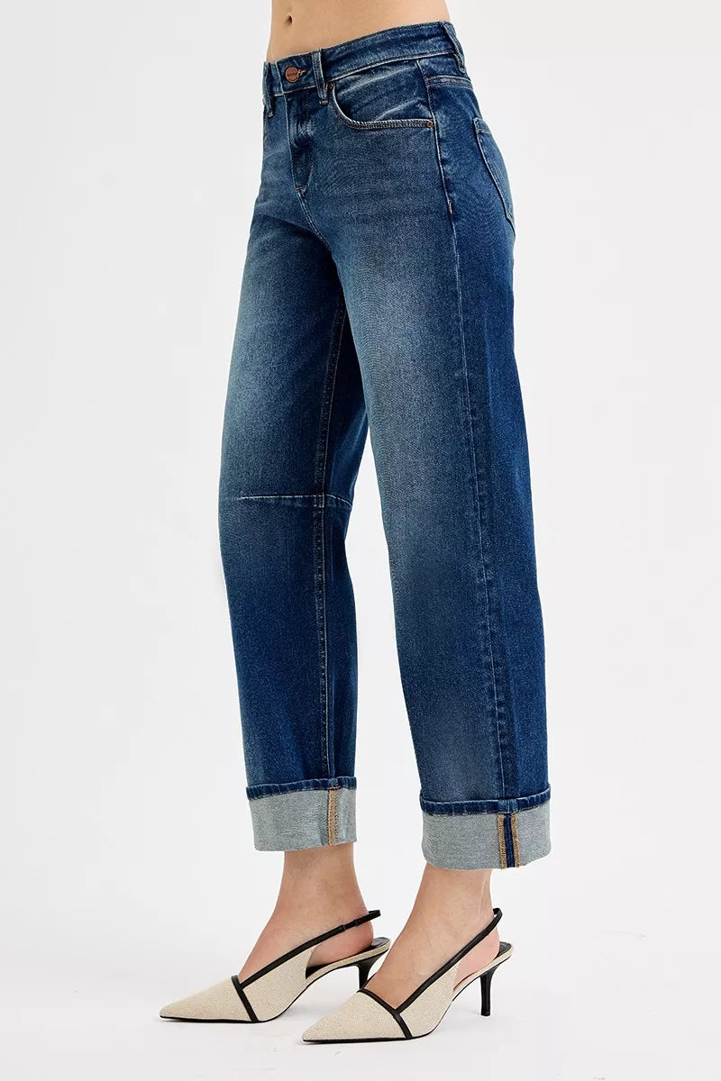 Risen Mid Rise Slouchy Crop Barrel Cuffed Jeans