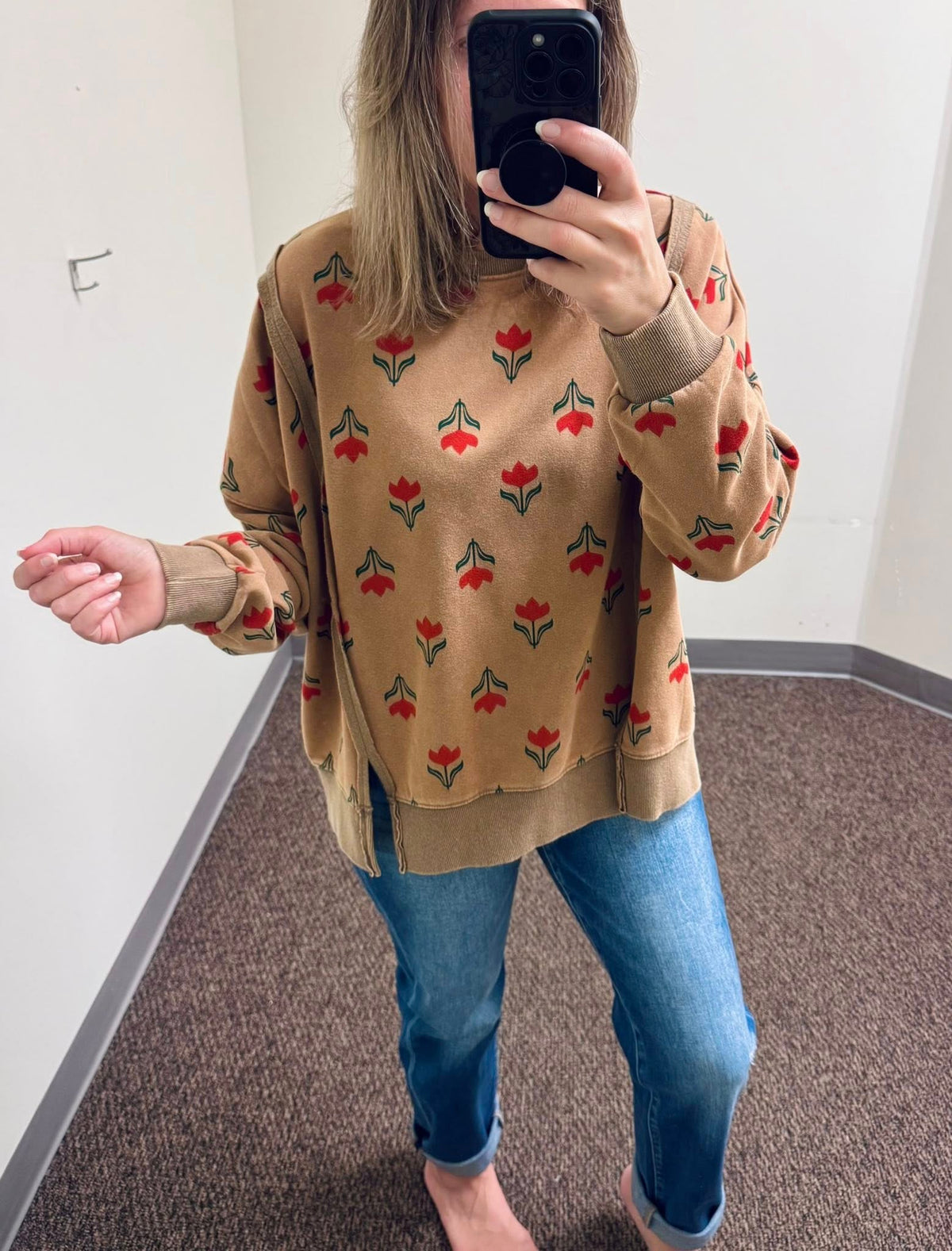 Washed Retro Tulip Thermal Pullover - Faded Camel & Risen Mid Rise Boyfriend Cuffed Jeans