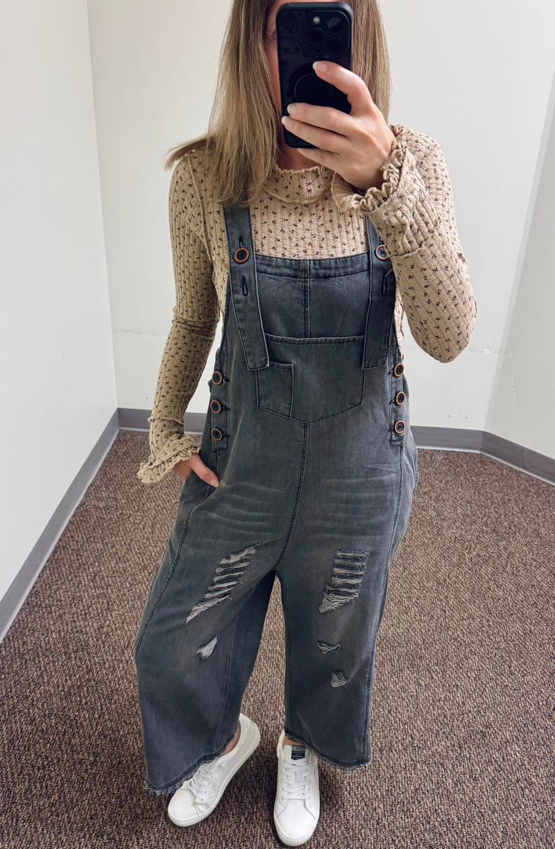 Washed Denim Loose Fit Overalls in Black & Floral Printed Thermal Fitted Top