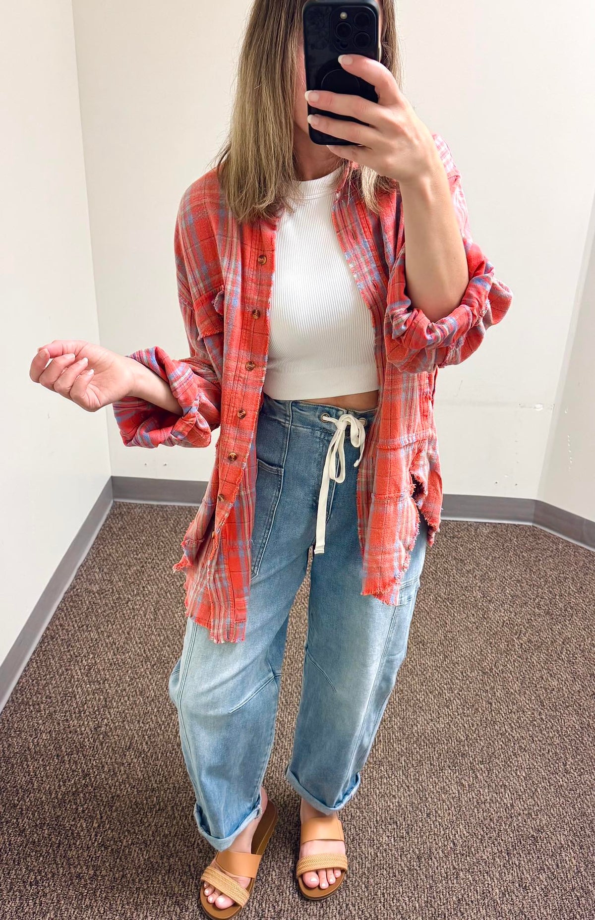 Washed Plaid Button Down Shirt in Coral, Risen High Rise Crop Wide Barrel Cargo Pocket Jeans, and Seamless Ribbed Padded Tank Bra Top in White