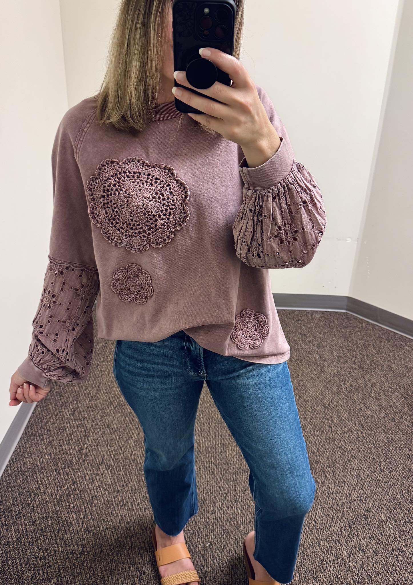 Easel Eyelet Lace Washed Terry Pullover and Risen High Rise Tummy Control Crop Straight Jeans