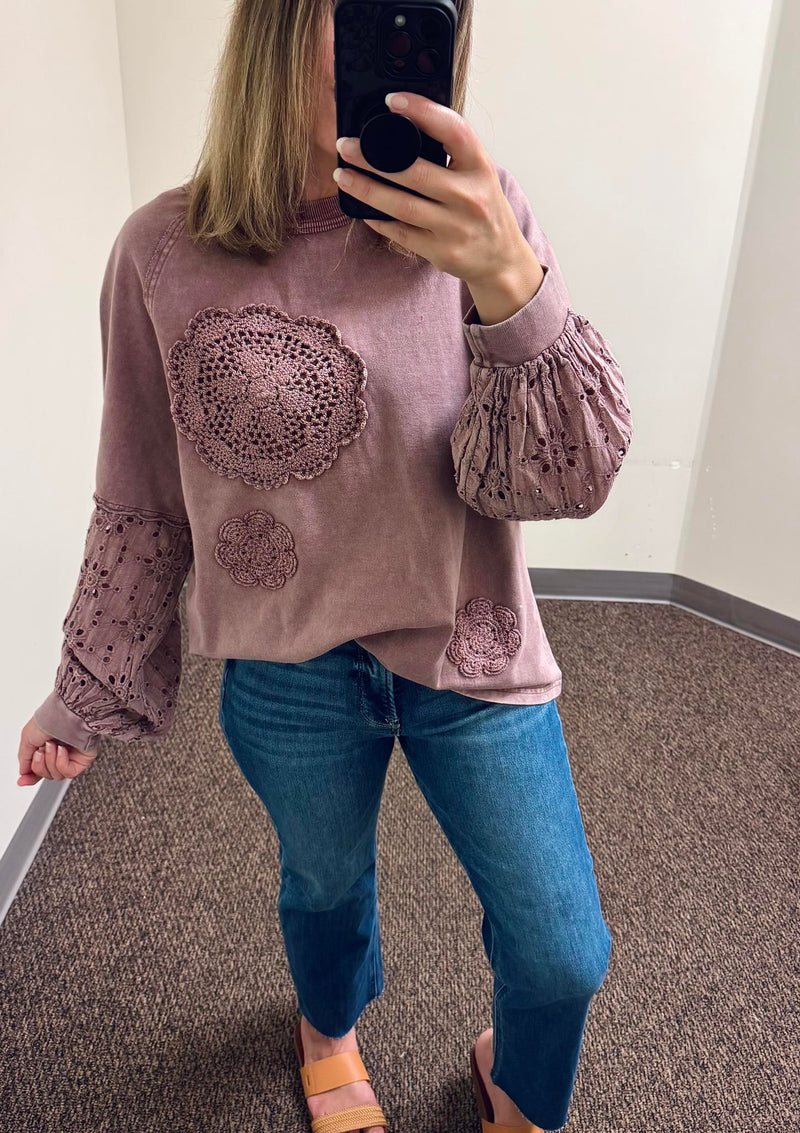 Easel Eyelet Lace Washed Terry Pullover and Risen High Rise Tummy Control Crop Straight Jeans