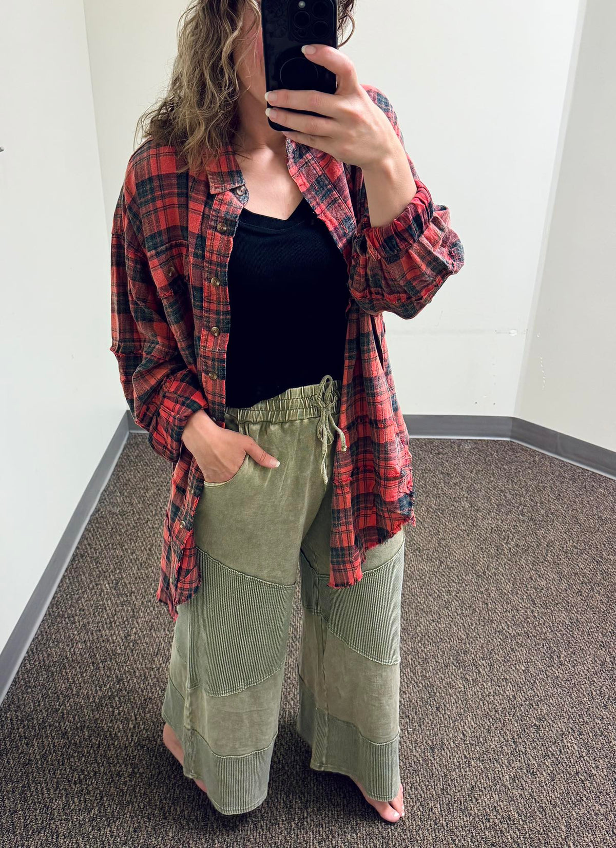 Washed Plaid Button Down Shirt in Dark Coral and Washed Thermal Mix Terry Knit Pants