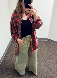 Washed Plaid Button Down Shirt in Dark Coral and Washed Thermal Mix Terry Knit Pants